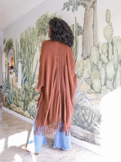 Open-Work Knit Kimono Shawl In Brown