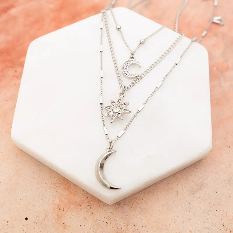 Celestial Layered Necklace with Moon and Star Charms in Silver
