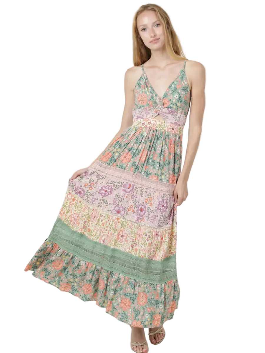 Mixed Print Lace Trim Twist-Front Maxi Dress