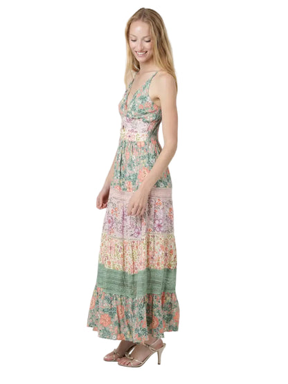Mixed Print Lace Trim Twist-Front Maxi Dress