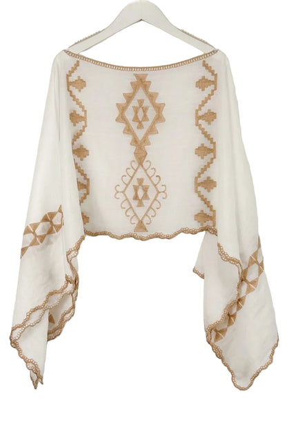 Embroidered Cropped Kaftan Top – Boho Flutter Sleeve Festival Top in White & Gold