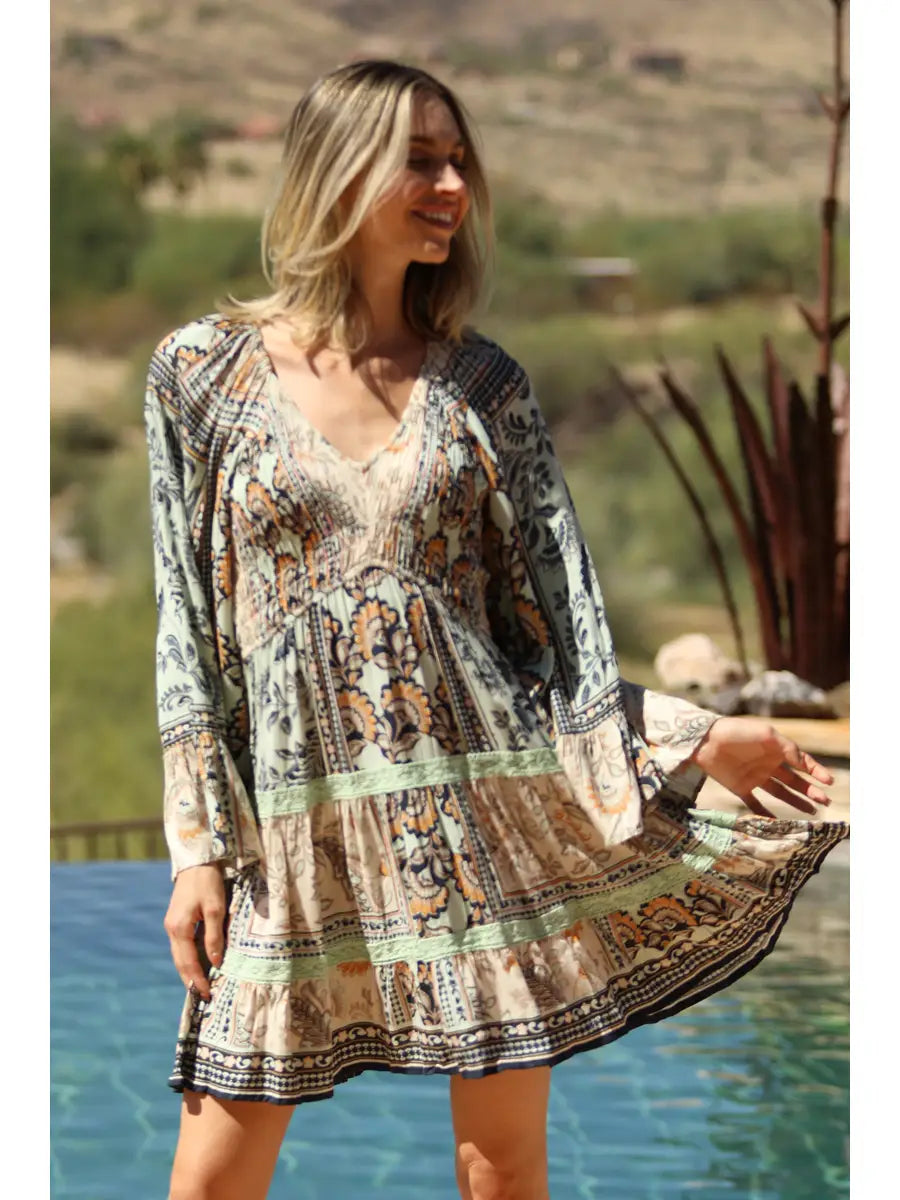 Boho Smocked V-Neck Bell Sleeve Mini Dress with Crochet Lace Trim