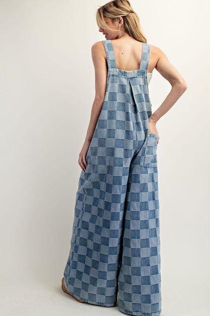 Mineral Washed Checker Print Wide Leg Overalls