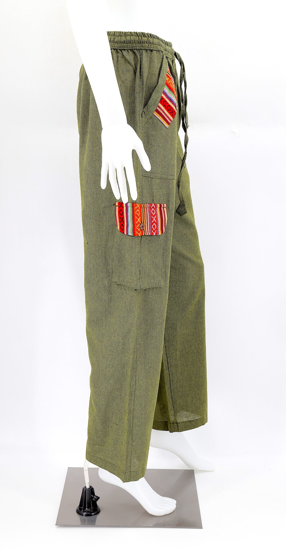 Green Boho Cargo Pants with Gheri Accents and Pockets