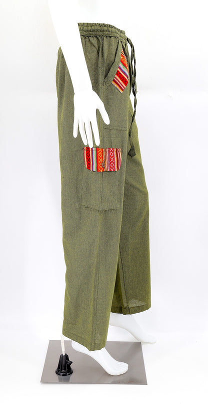 Green Boho Cargo Pants with Gheri Accents and Pockets