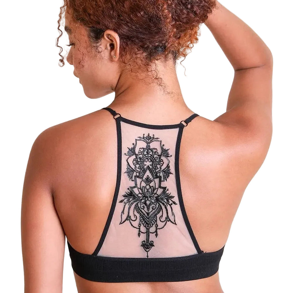 Tattoo Mesh Racerback Bralette in Black