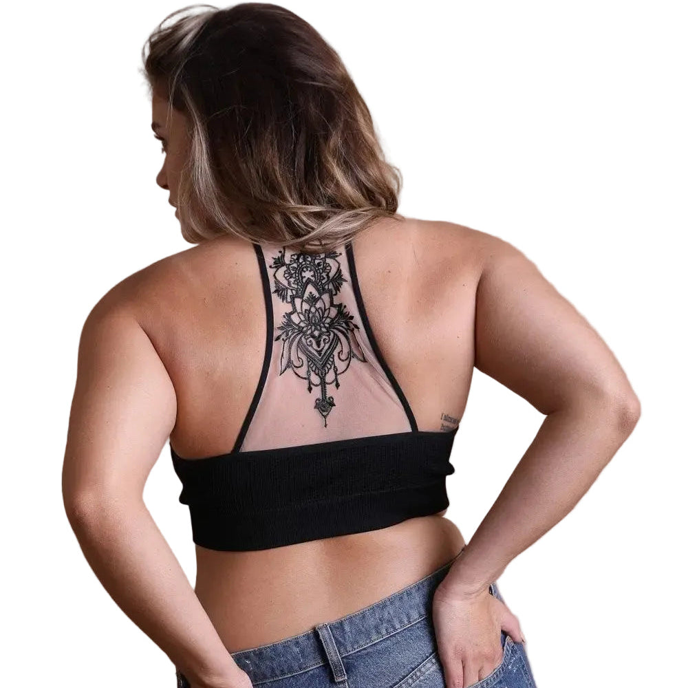 Tattoo Mesh Racerback Bralette in Black