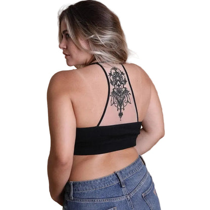 Tattoo Mesh Racerback Bralette in Black