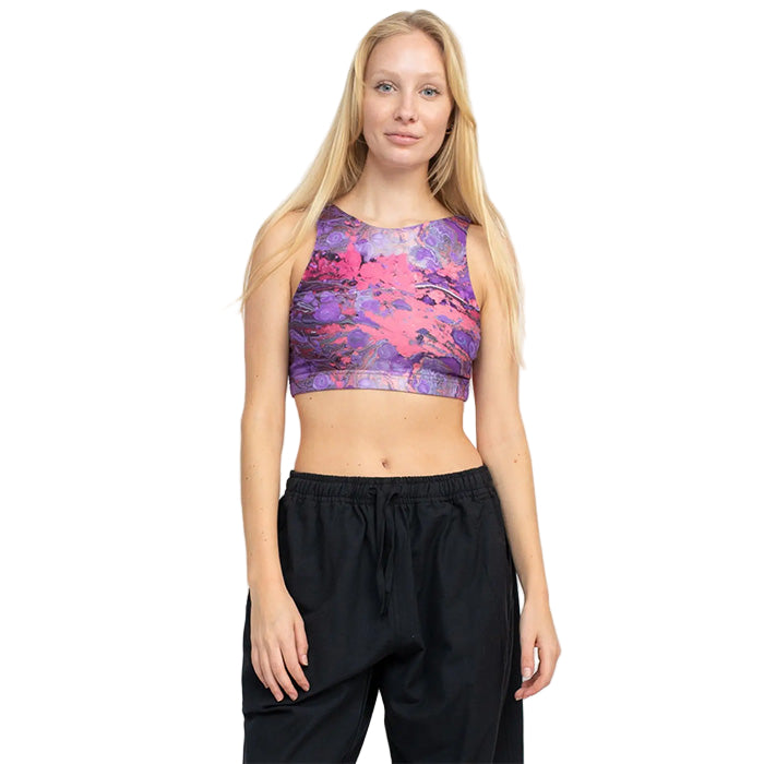 Psychedelic Marble Hi Neck Yoga Top in Purple