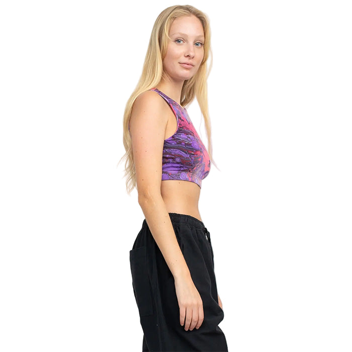 Psychedelic Marble Hi Neck Yoga Top in Purple