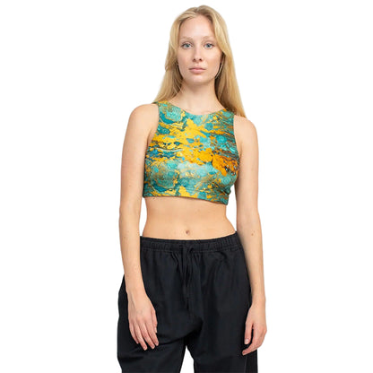 Psychedelic Marble Hi Neck Yoga Top in Turquoise