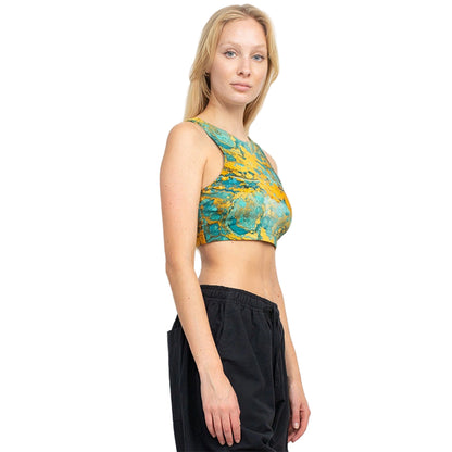 Psychedelic Marble Hi Neck Yoga Top in Turquoise