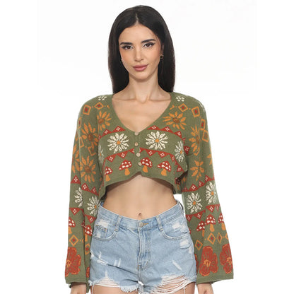 Fair Isle Mushroom Cropped Fit Boho Cardigan in Sage SALE