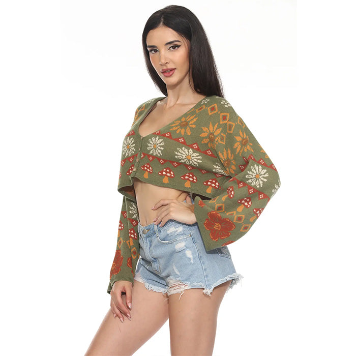 Fair Isle Mushroom Cropped Fit Boho Cardigan in Sage SALE