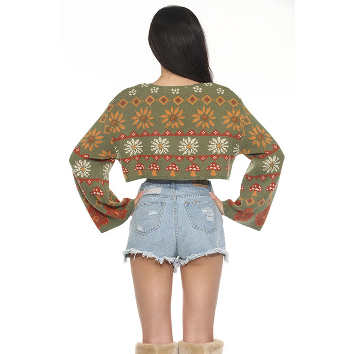 Fair Isle Mushroom Cropped Fit Boho Cardigan in Sage SALE