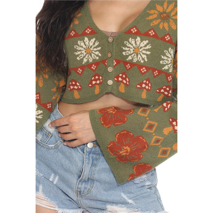 Fair Isle Mushroom Cropped Fit Boho Cardigan in Sage SALE