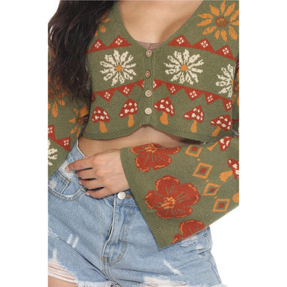 Fair Isle Mushroom Cropped Fit Boho Cardigan in Sage SALE