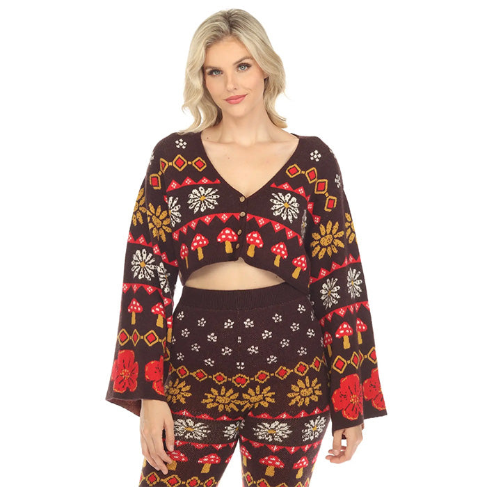 Fair Isle Mushroom Cropped Fit Boho Cardigan in Espresso SALE