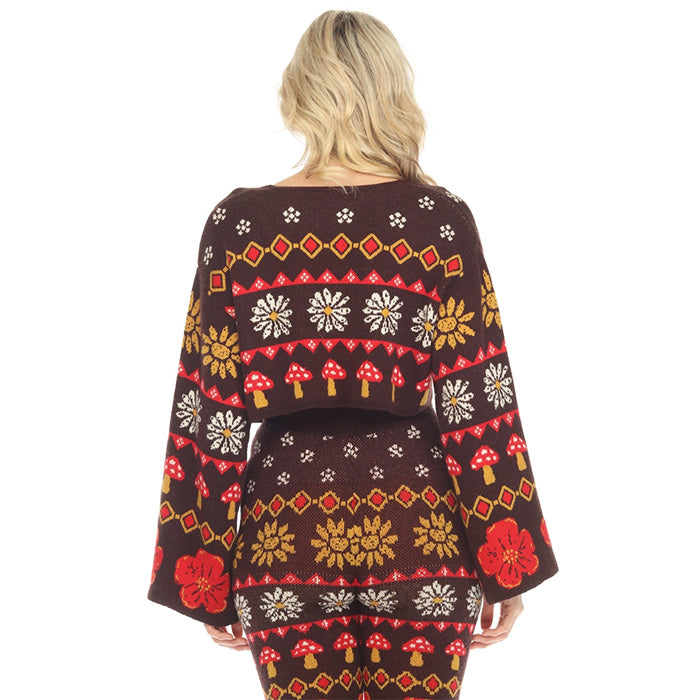 Fair Isle Mushroom Cropped Fit Boho Cardigan in Espresso SALE