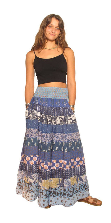 Blue Sky Designs Indigo Wildflower Patchwork Maxi Skirt