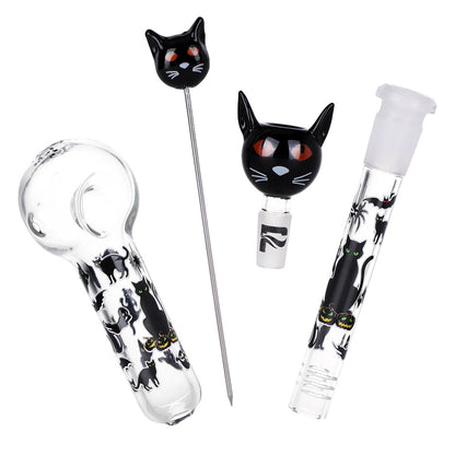 Pulsar 10" Glow Water Pipe & Hand Pipe Set - Superstitious Black Cat