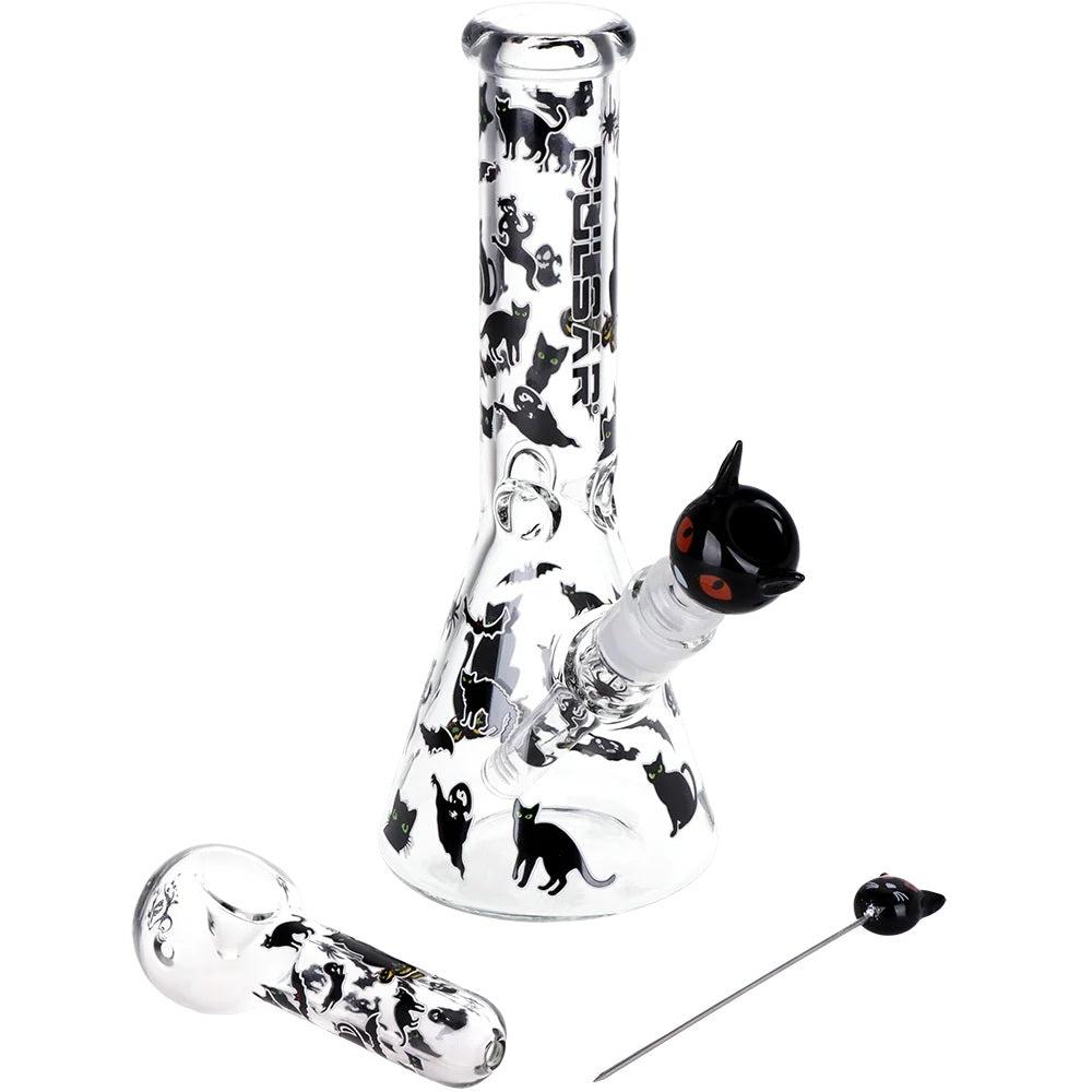 Pulsar 10" Glow Water Pipe & Hand Pipe Set - Superstitious Black Cat