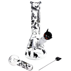 Pulsar 10" Glow Water Pipe & Hand Pipe Set - Superstitious Black Cat