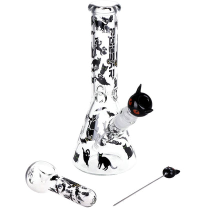 Pulsar 10" Glow Water Pipe & Hand Pipe Set - Superstitious Black Cat