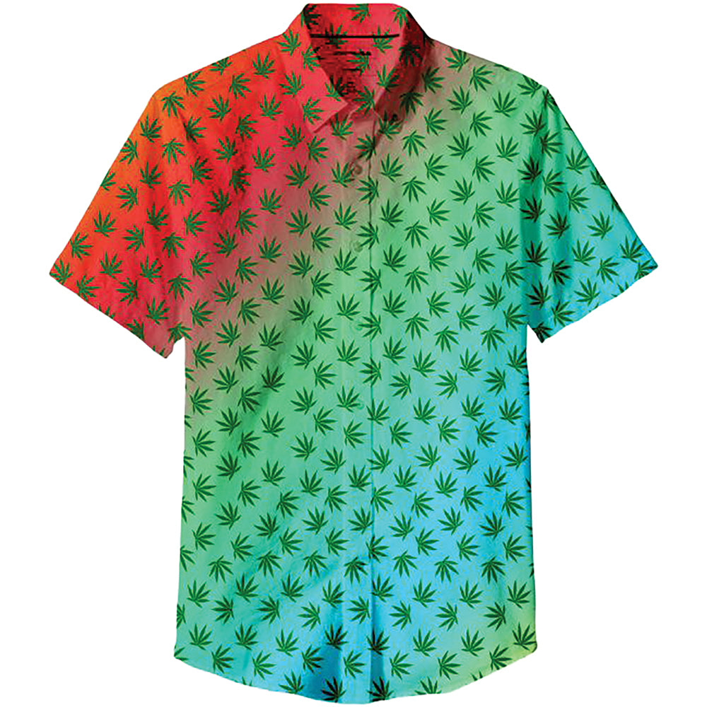Happy Fumes Pot Leaf Red, Green & Blue Short Sleeve Button Down Shirt