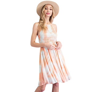 Smocked Halter Top Tie Dye Mini Dress in Peach SALE