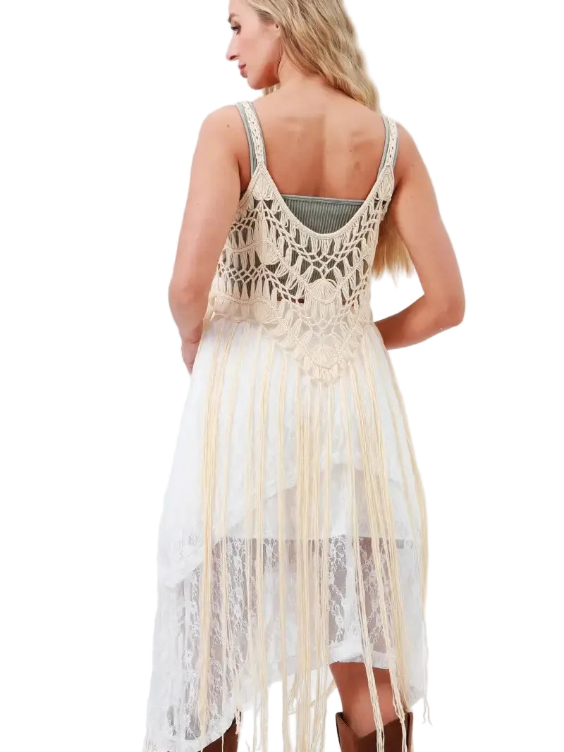 Boho Macramé Crochet Fringe Top in Cream