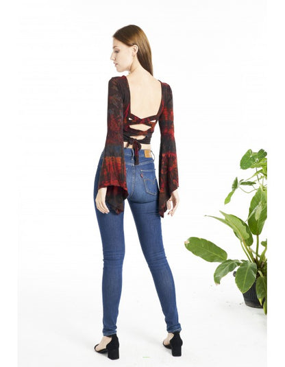 Tie Dye Long Bell Sleeve Crop Top with Lace up Back - Brown