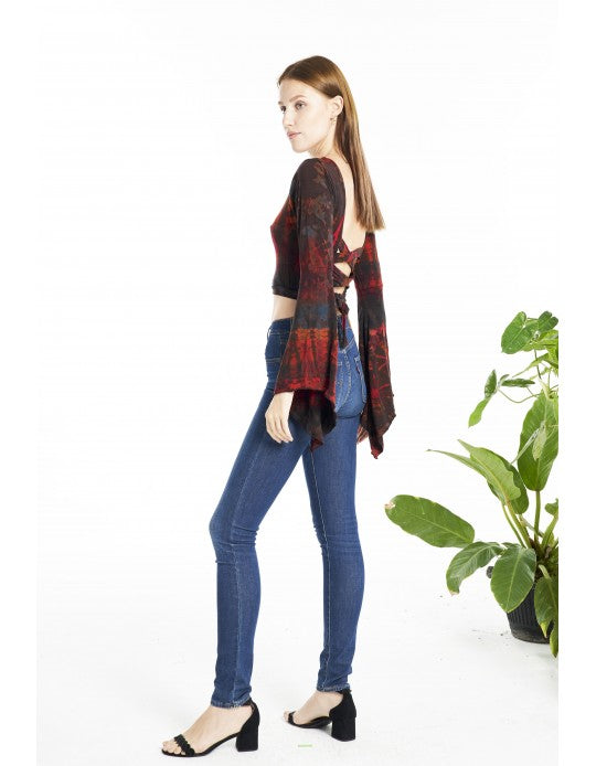Tie Dye Long Bell Sleeve Crop Top with Lace up Back - Brown