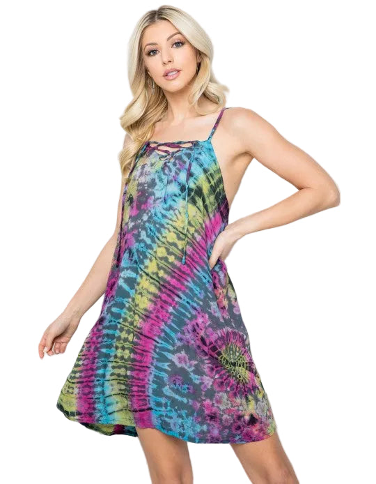 Lace-Up Tie Dye Mini Sundress
