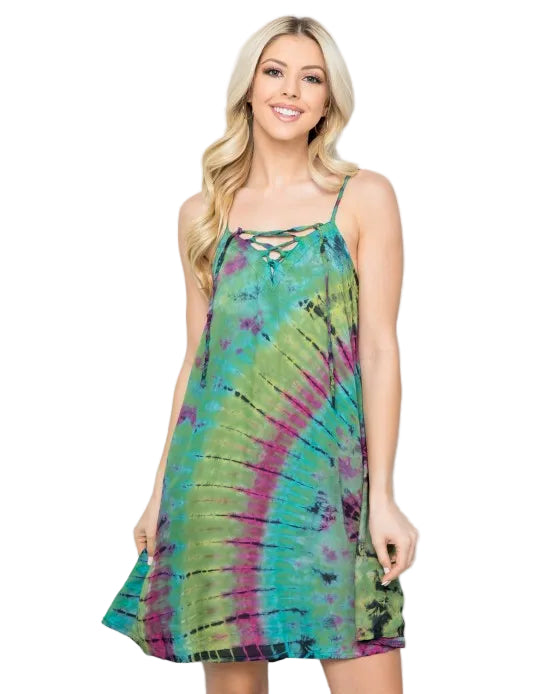 Lace-Up Tie Dye Mini Sundress