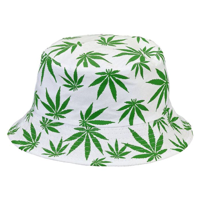 Hemp Leaf Print Bucket Hat - White & Green