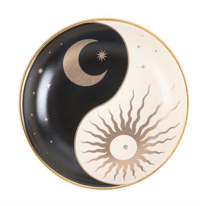 Yin Yang Sun & Moon Black & Gold Dish Incense Burner