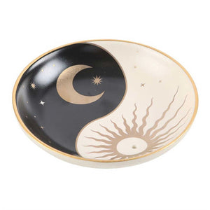 Yin Yang Sun & Moon Black & Gold Dish Incense Burner