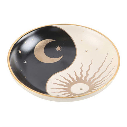 Yin Yang Sun & Moon Black & Gold Dish Incense Burner