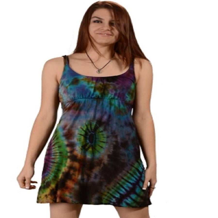 Brain Escape Tie Dye Spandex Blend Short Sundress With Braid Straps