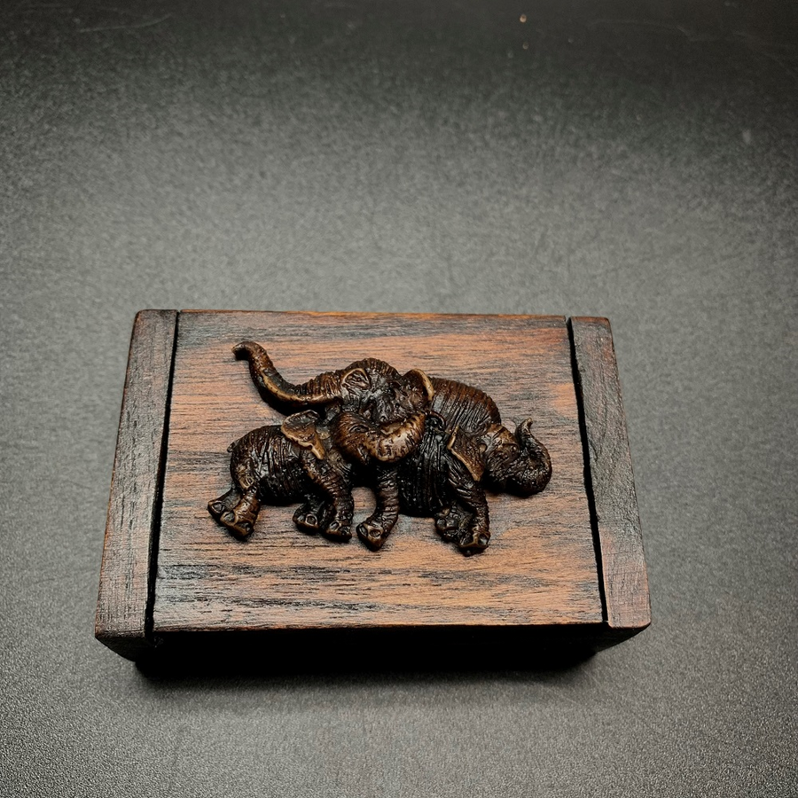 Carved Elephant Topped Wooden Box