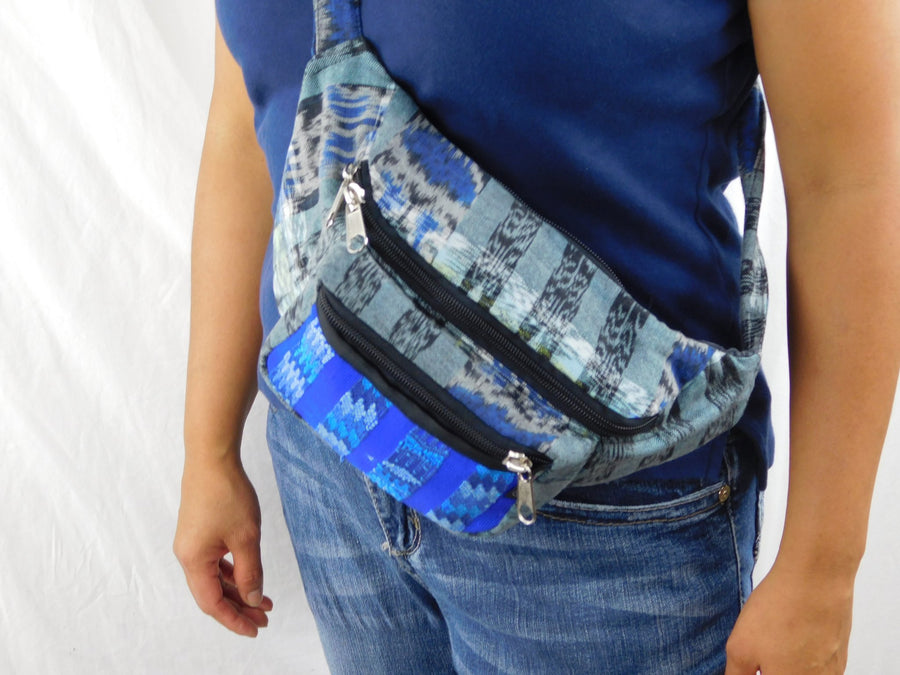 Ixchel Hand Woven Cotton Fanny pack with Three Pockets & Brocade Accents