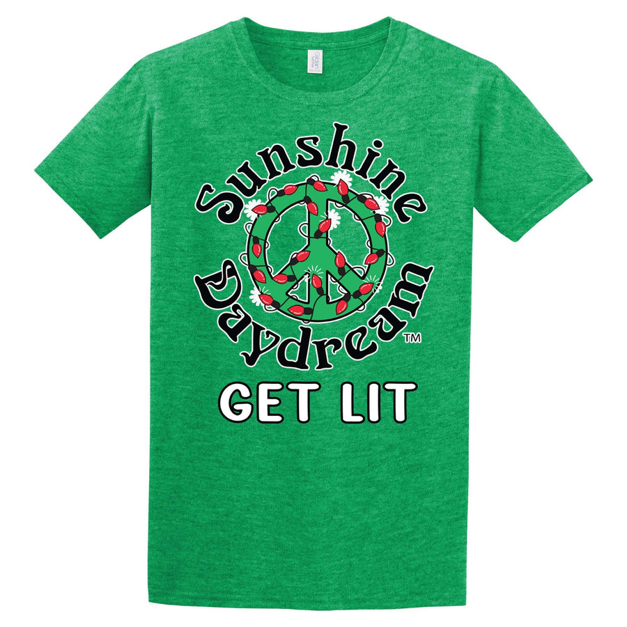 Sunshine Daydream Peace Wreath “Get Lit” T-Shirt – Heather Green SALE
