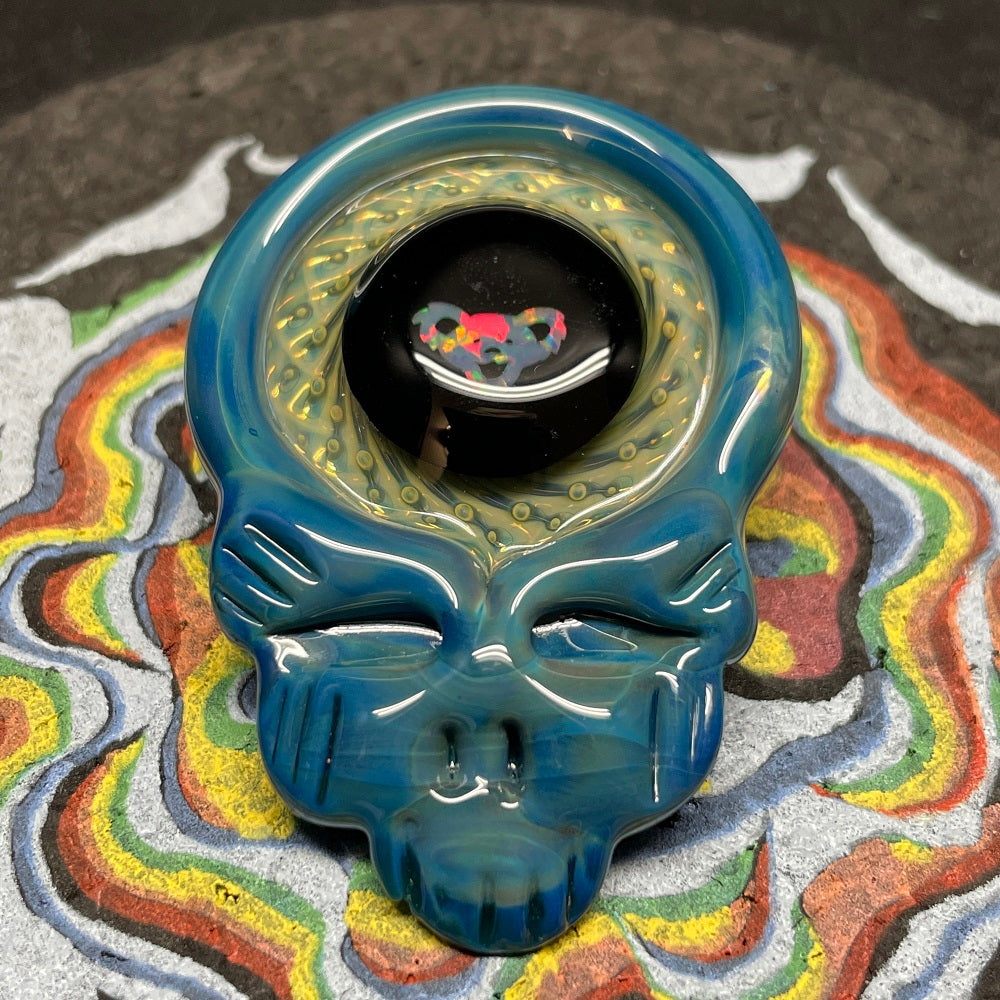 Katherman Glass Grateful Teal Skull with Dancing Bear Opal Pendant