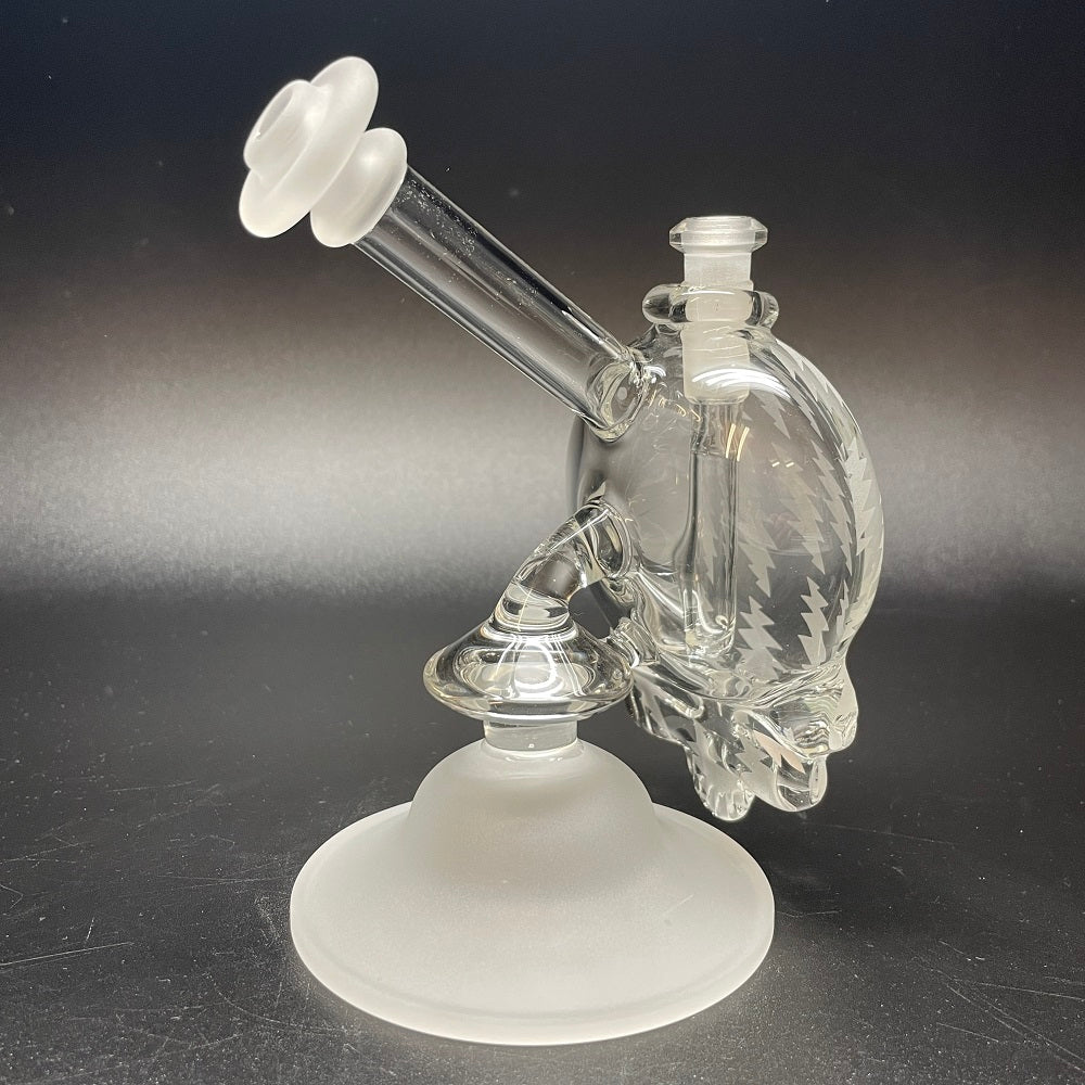 Katherman Glass Sandblasted Bolt All Over Print with Clear Neck Skull Bubbler