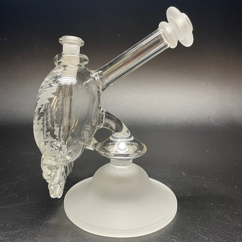 Katherman Glass Sandblasted Bolt All Over Print with Clear Neck Skull Bubbler