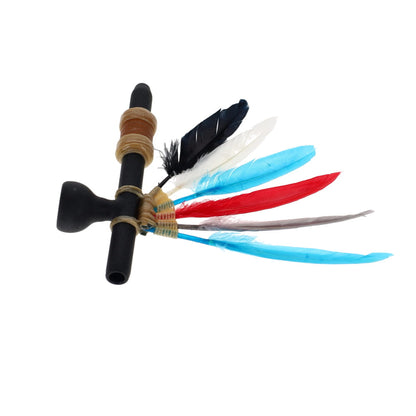 Owls Feather Glass Small Black Peace Pipe with Red & Blue Feather