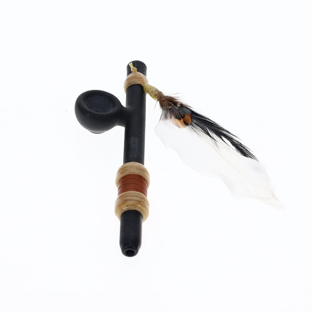 Owls Feather Glass Small Black Peace Pipe with White Feather