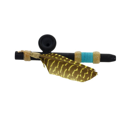 Owls Feather Glass Small Black Peace Pipe with Yellow Spot Feather
