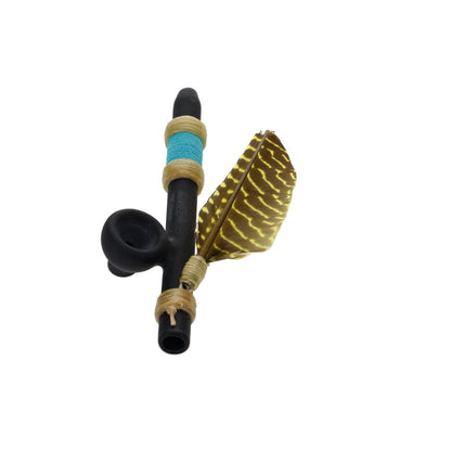 Owls Feather Glass Small Black Peace Pipe with Yellow Spot Feather